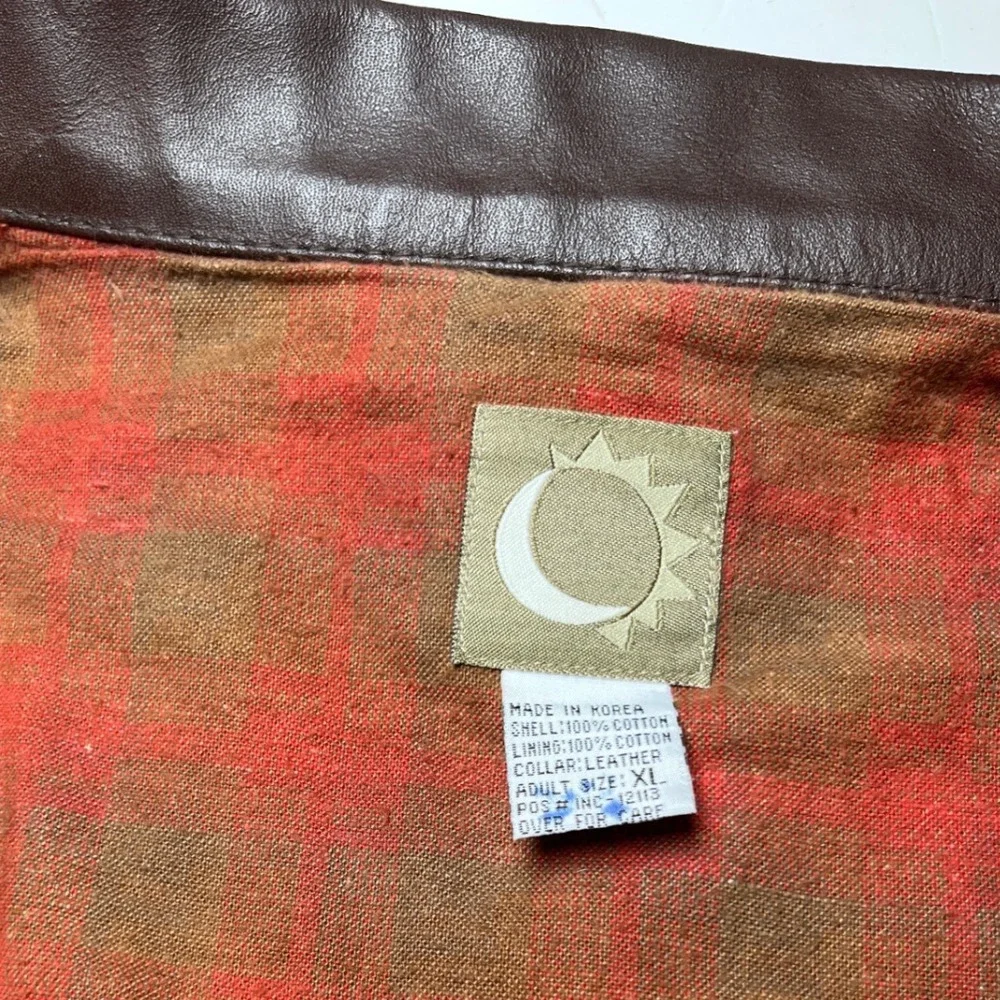 Vintage Barn Chore Jacket Cotton Twill Leather Collar Plaid Lined Moon & Sun‎ XL